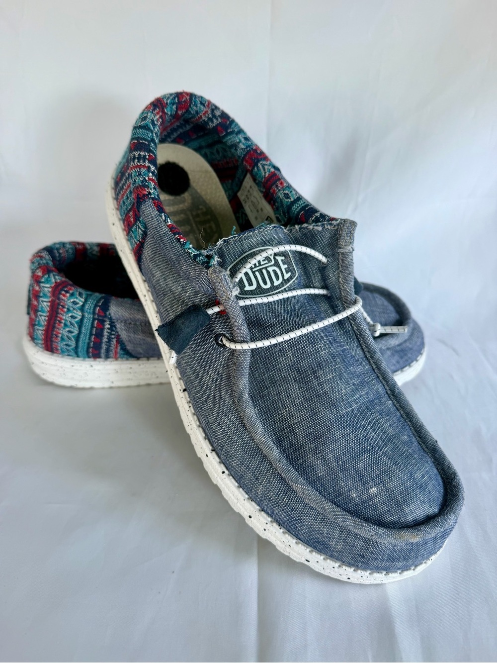 Hey Dude Men's Sz.11 Wally Funk Jacquard Tribe Blue Fabric EUC